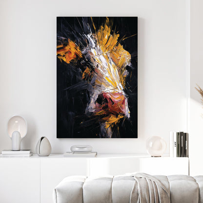 Abstract cow in mixed media with yellow, orange and dark tones
