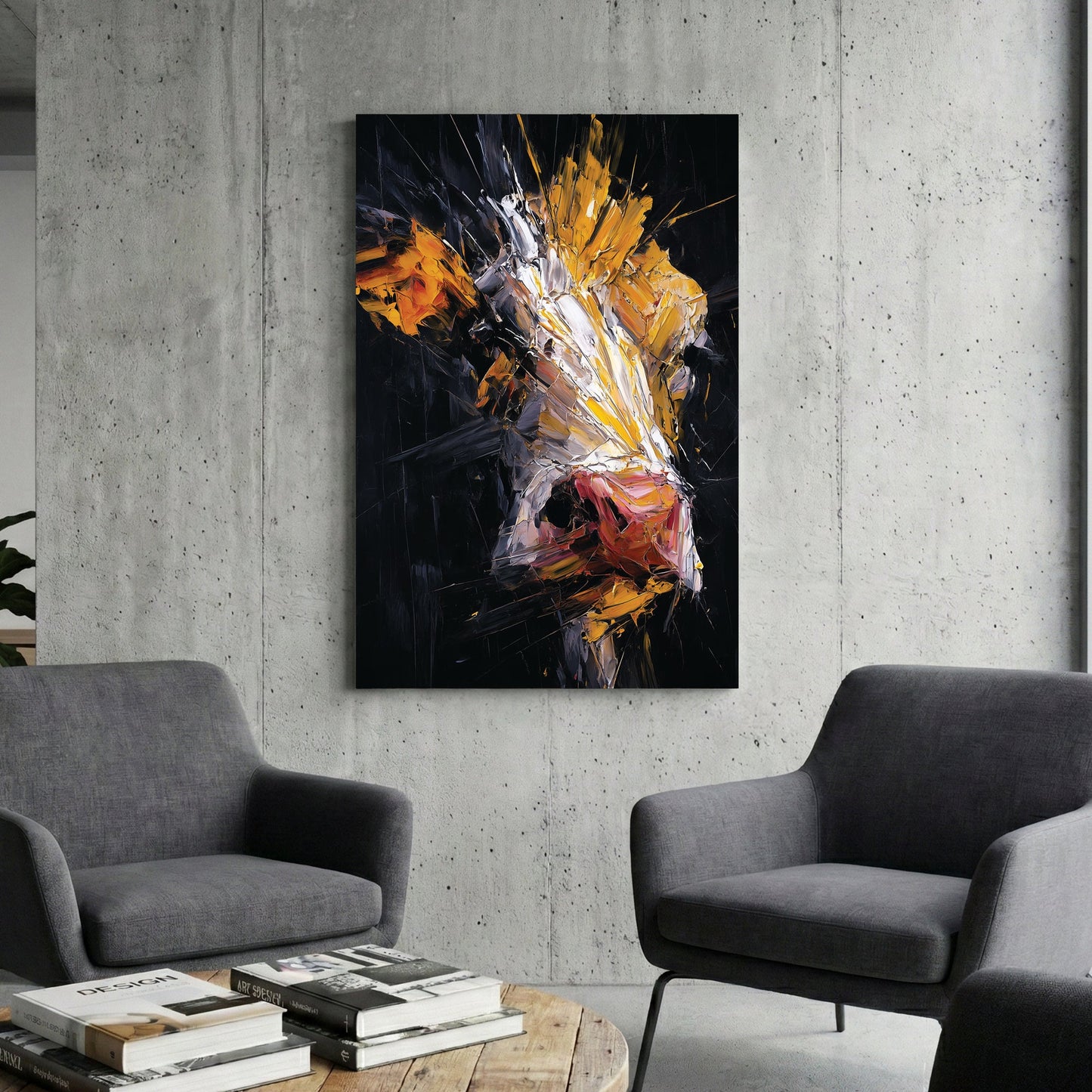 Abstract cow in mixed media with yellow, orange and dark tones