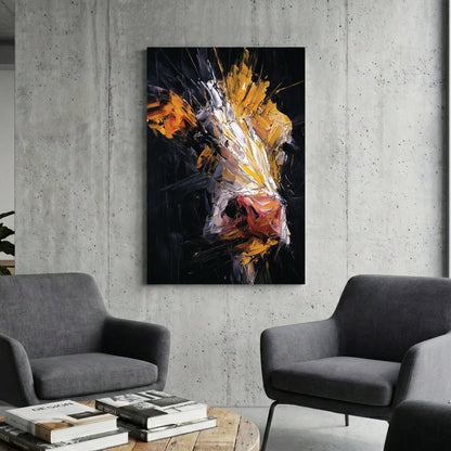 Abstract cow in mixed media with yellow, orange and dark tones