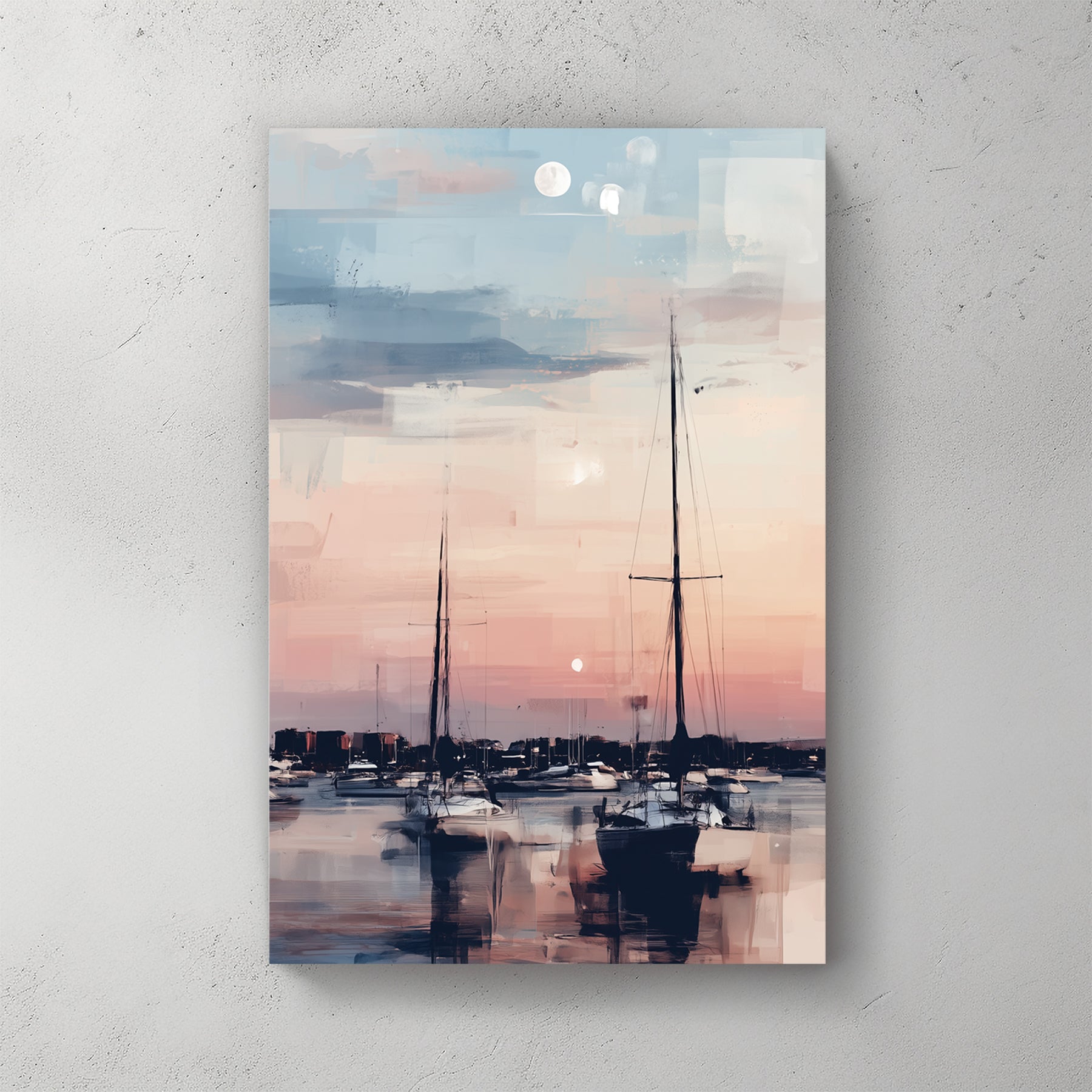 Sailboats marina watercolour wall art in soft peachy tones