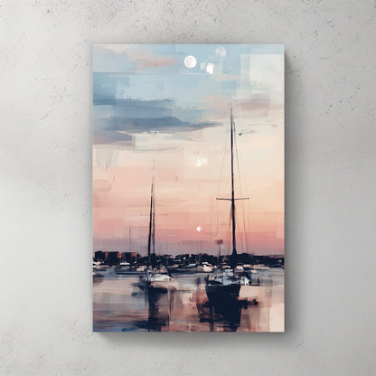 Sailboats marina watercolour wall art in soft peachy tones