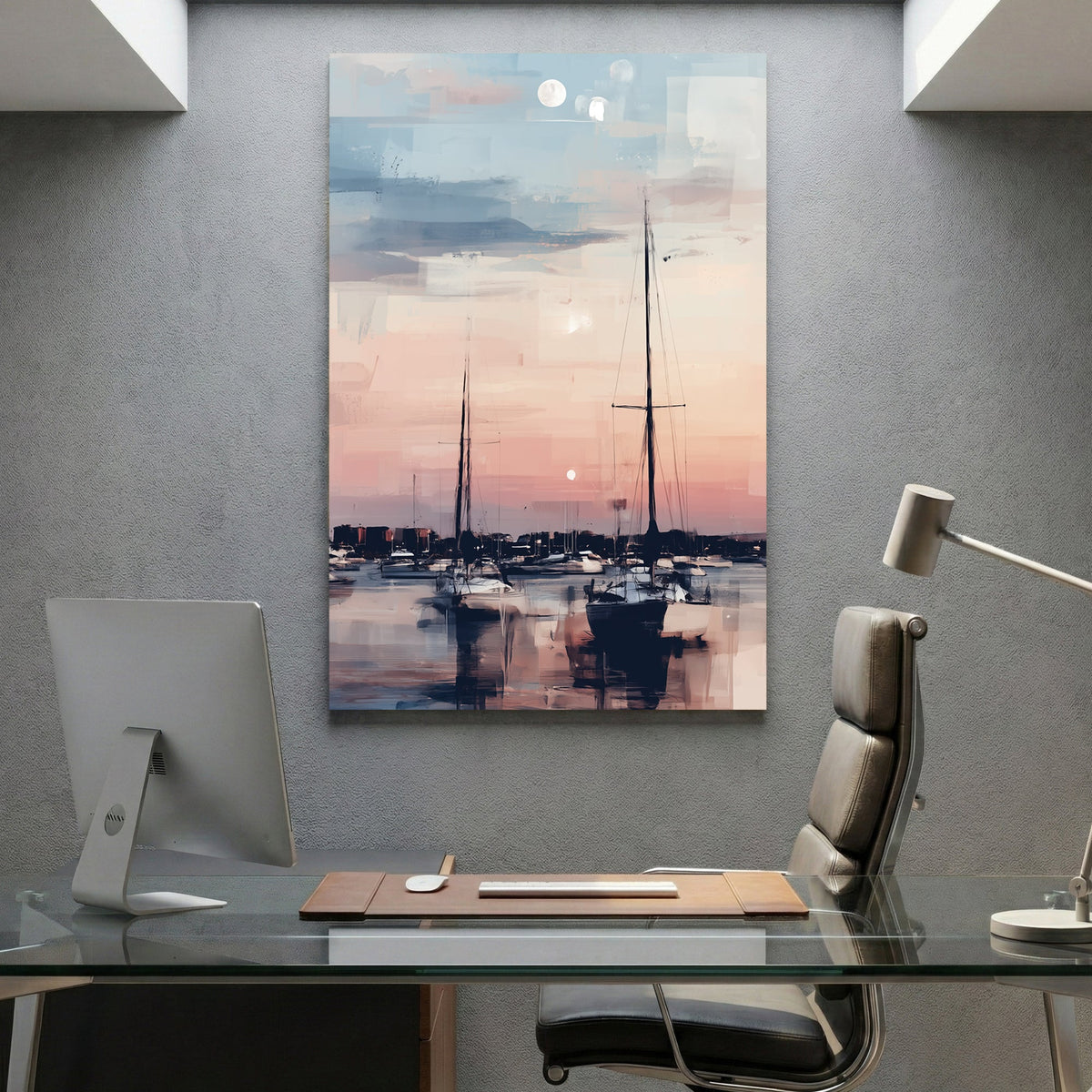 Sailboats marina watercolour wall art in soft peachy tones