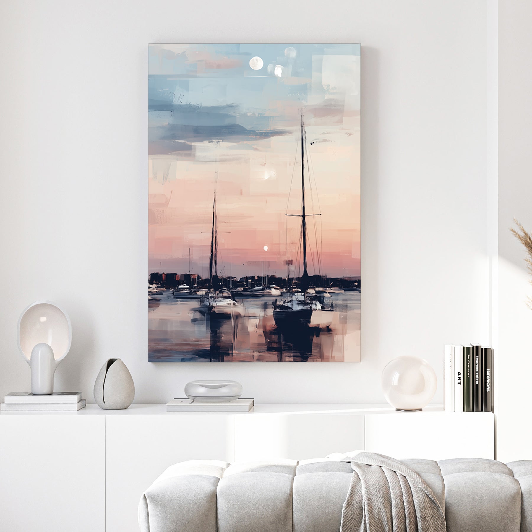 Sailboats marina watercolour wall art in soft peachy tones