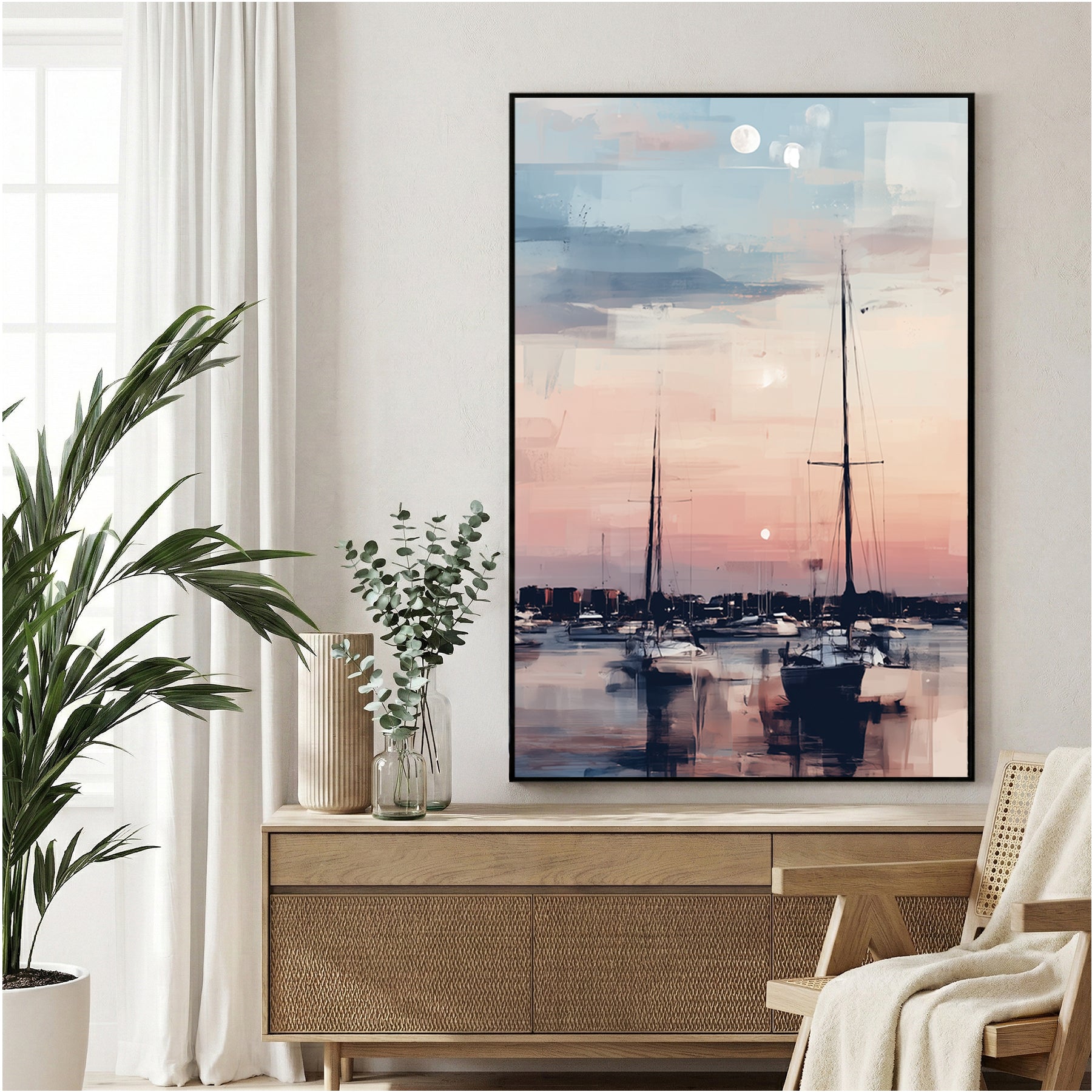 Sailboats marina watercolour wall art in soft peachy tones
