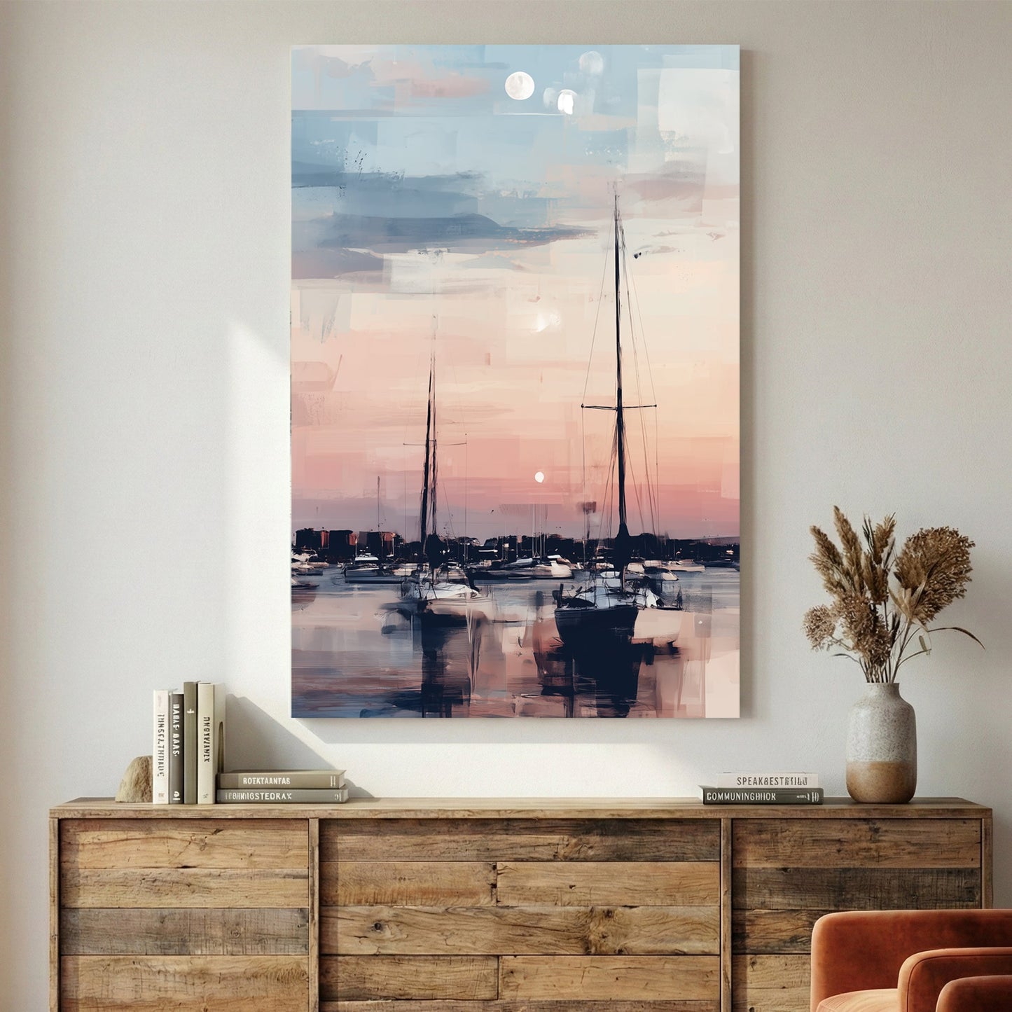 Sailboats marina watercolour wall art in soft peachy tones