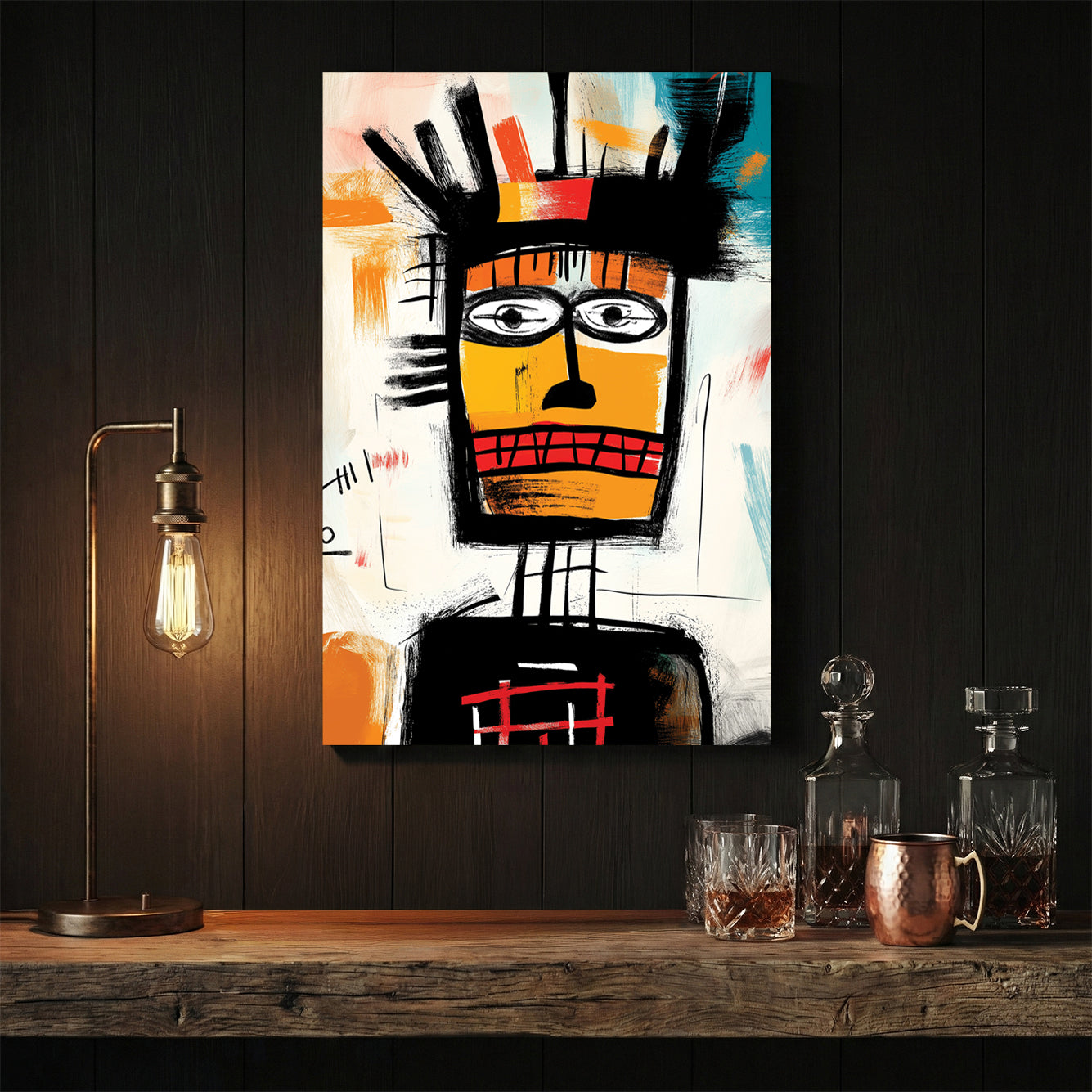 Abstract tribal portrait illustration wall art in black and orange