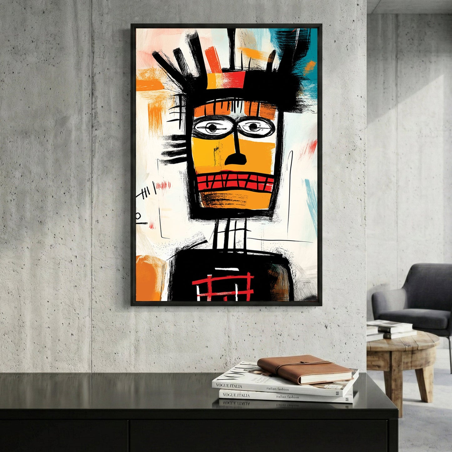 Abstract tribal portrait illustration wall art in black and orange