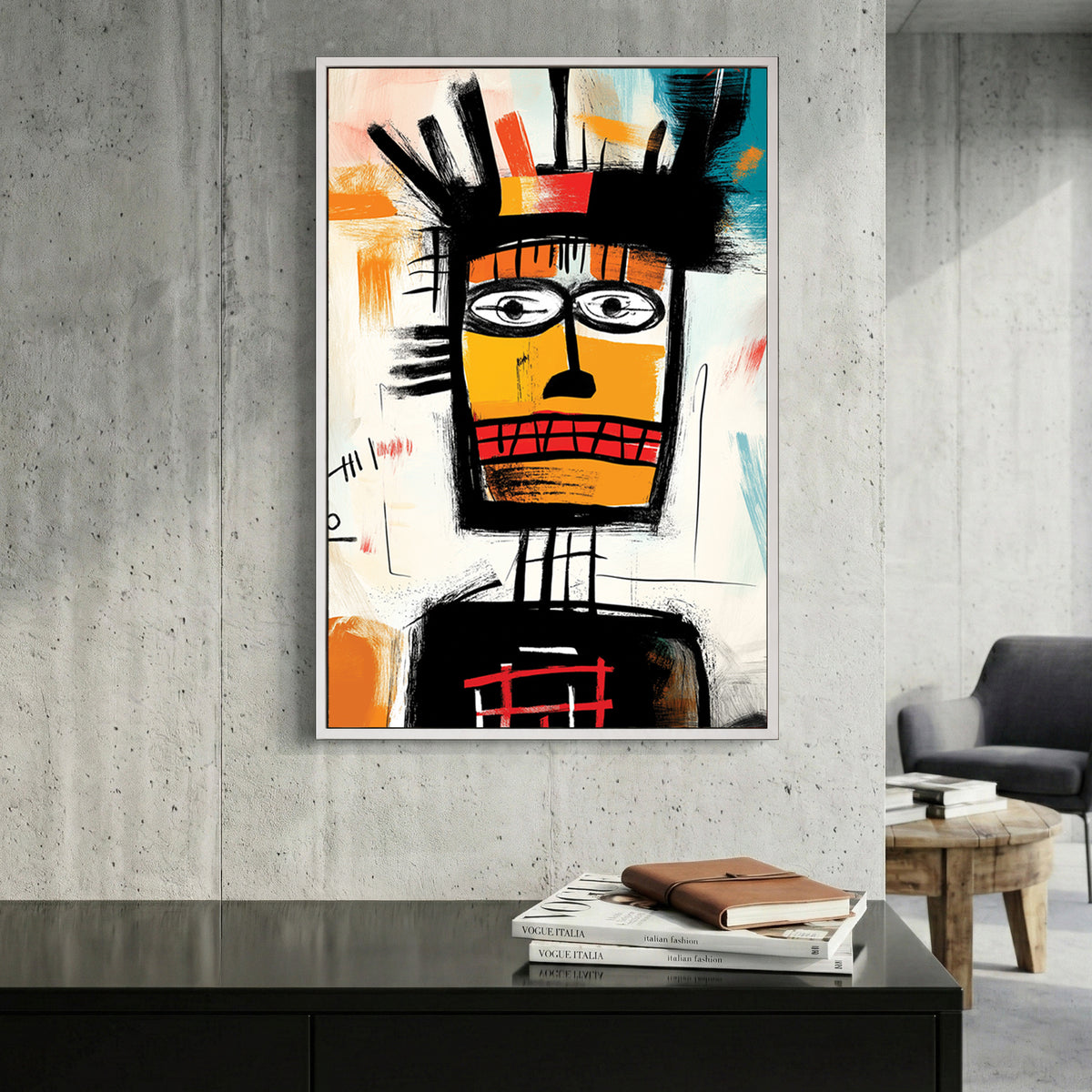 Abstract tribal portrait illustration wall art in black and orange