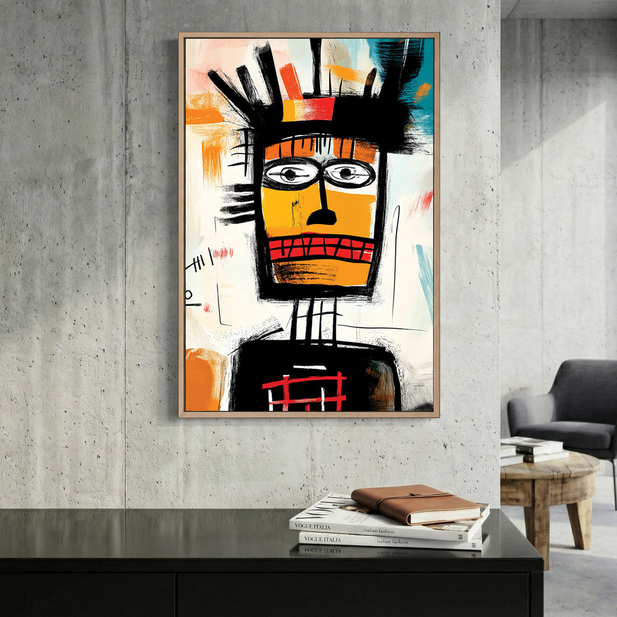 Abstract tribal portrait illustration wall art in black and orange
