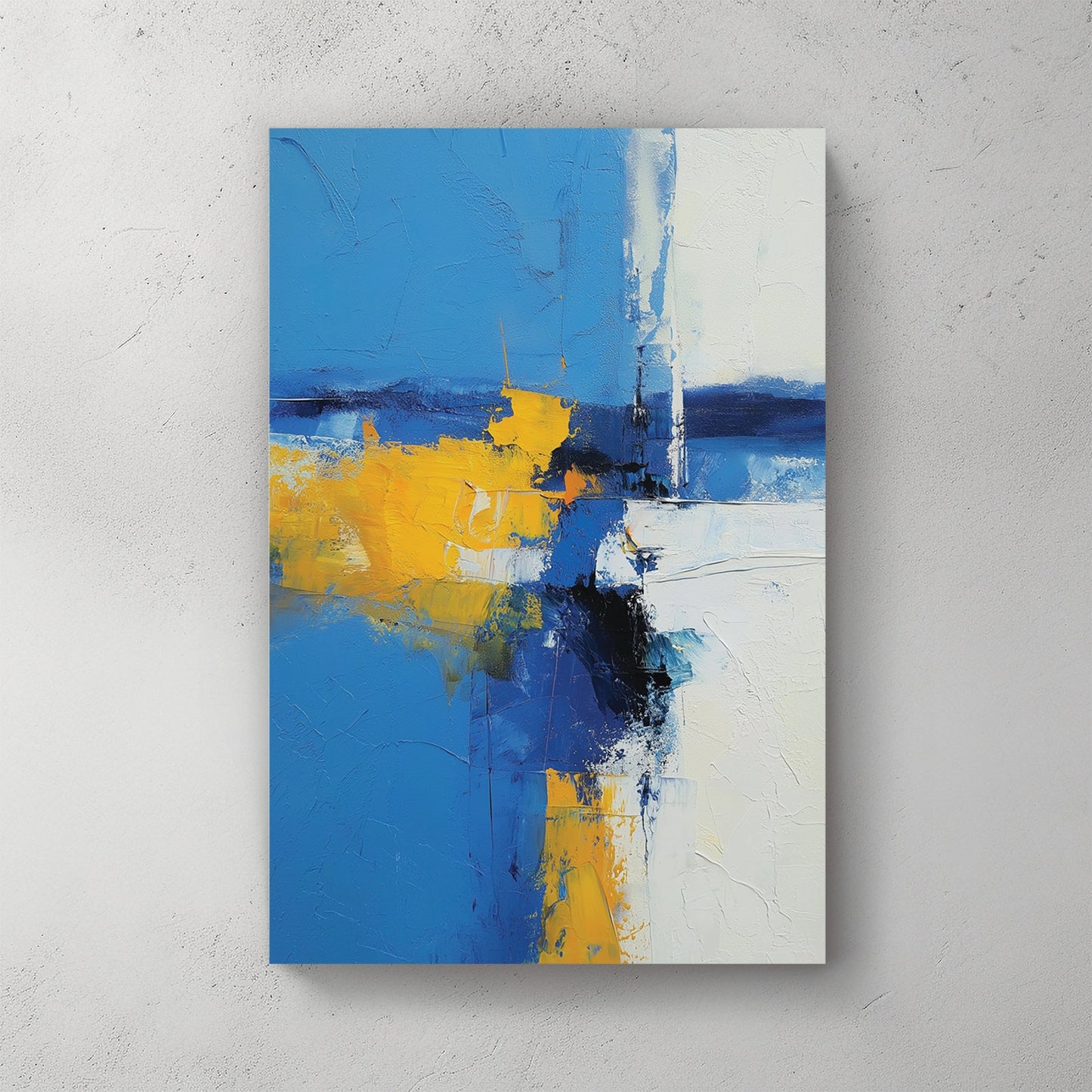 Abstract landscape painting with blue, yellow, and white geometric elements