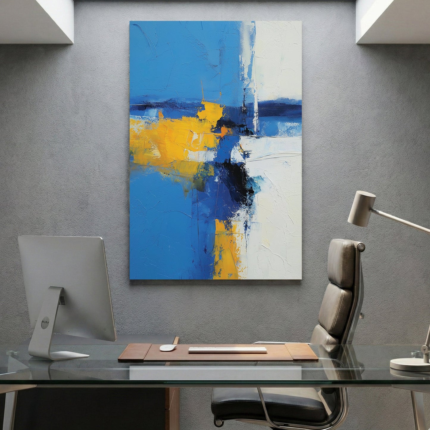 Abstract landscape painting with blue, yellow, and white geometric elements