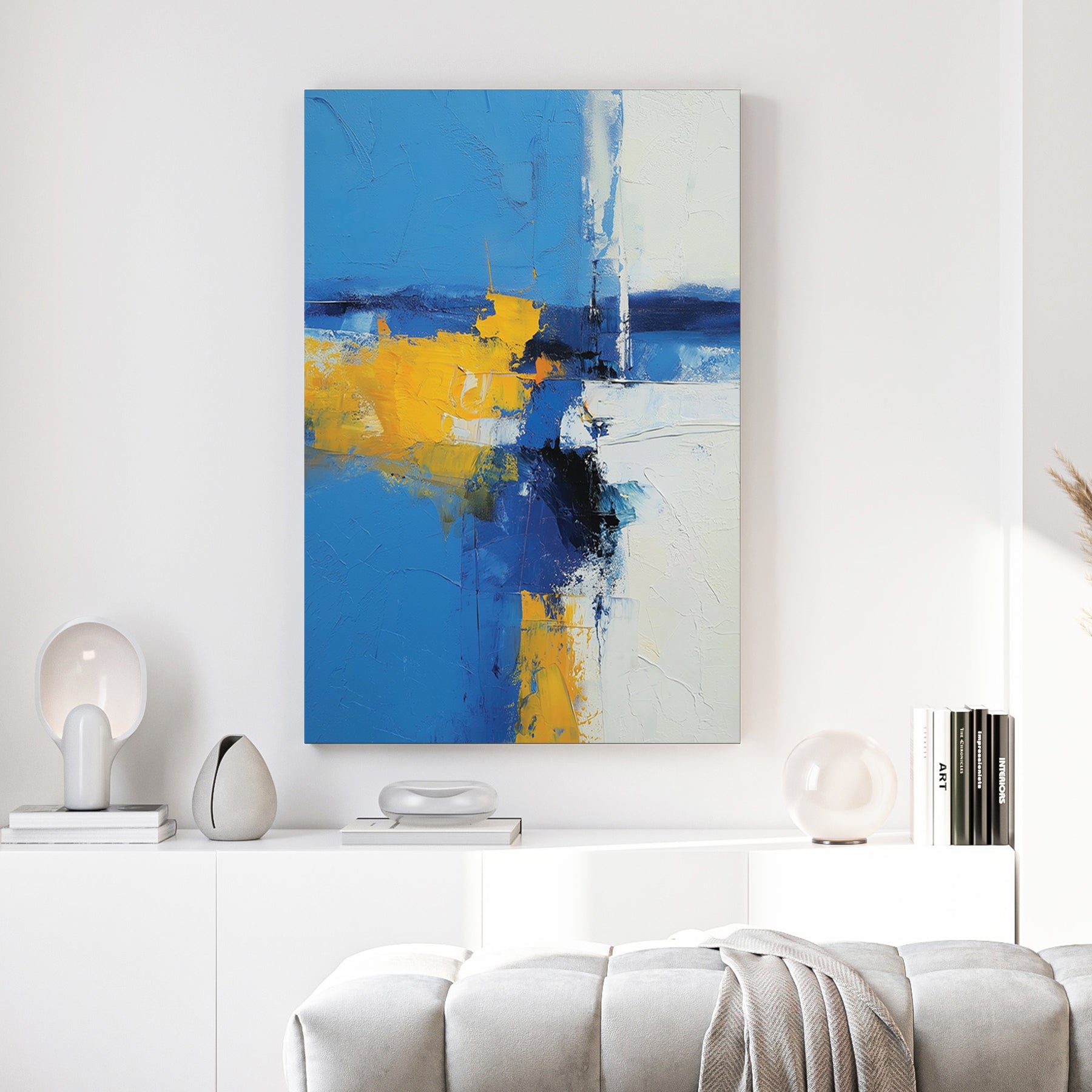 Abstract landscape painting with blue, yellow, and white geometric elements