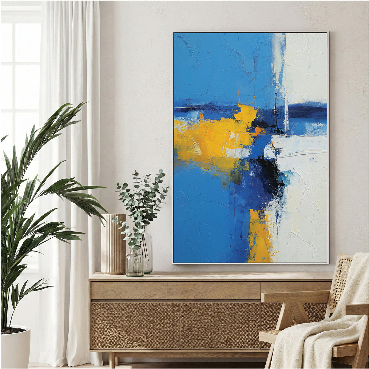 Abstract landscape painting with blue, yellow, and white geometric elements