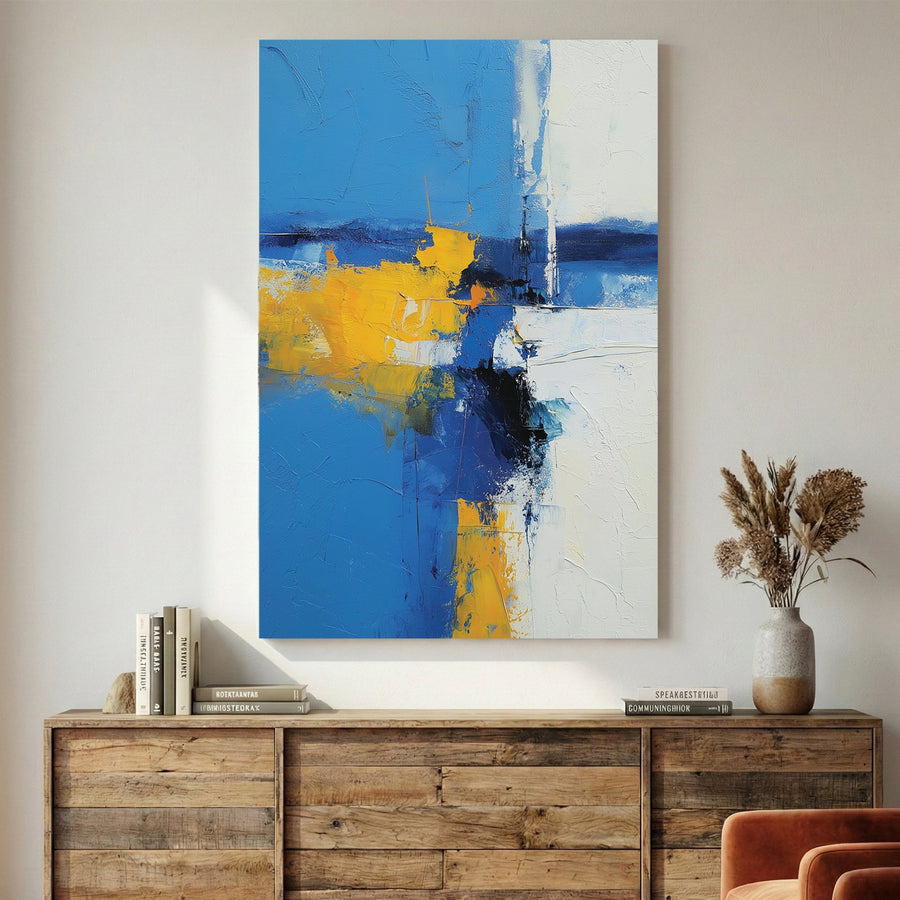 Abstract landscape painting with blue, yellow, and white geometric elements