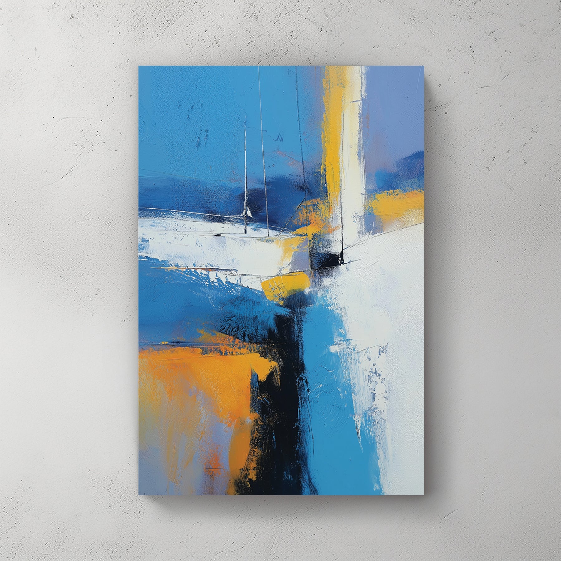 Abstract sailboat landscape with blue, orange, and white geometric forms