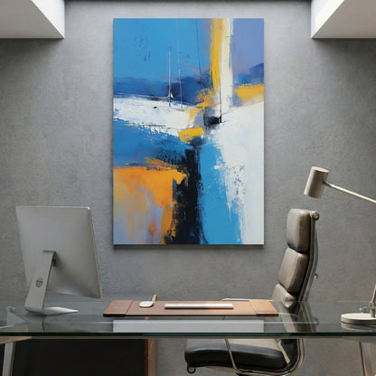 Abstract sailboat landscape with blue, orange, and white geometric forms