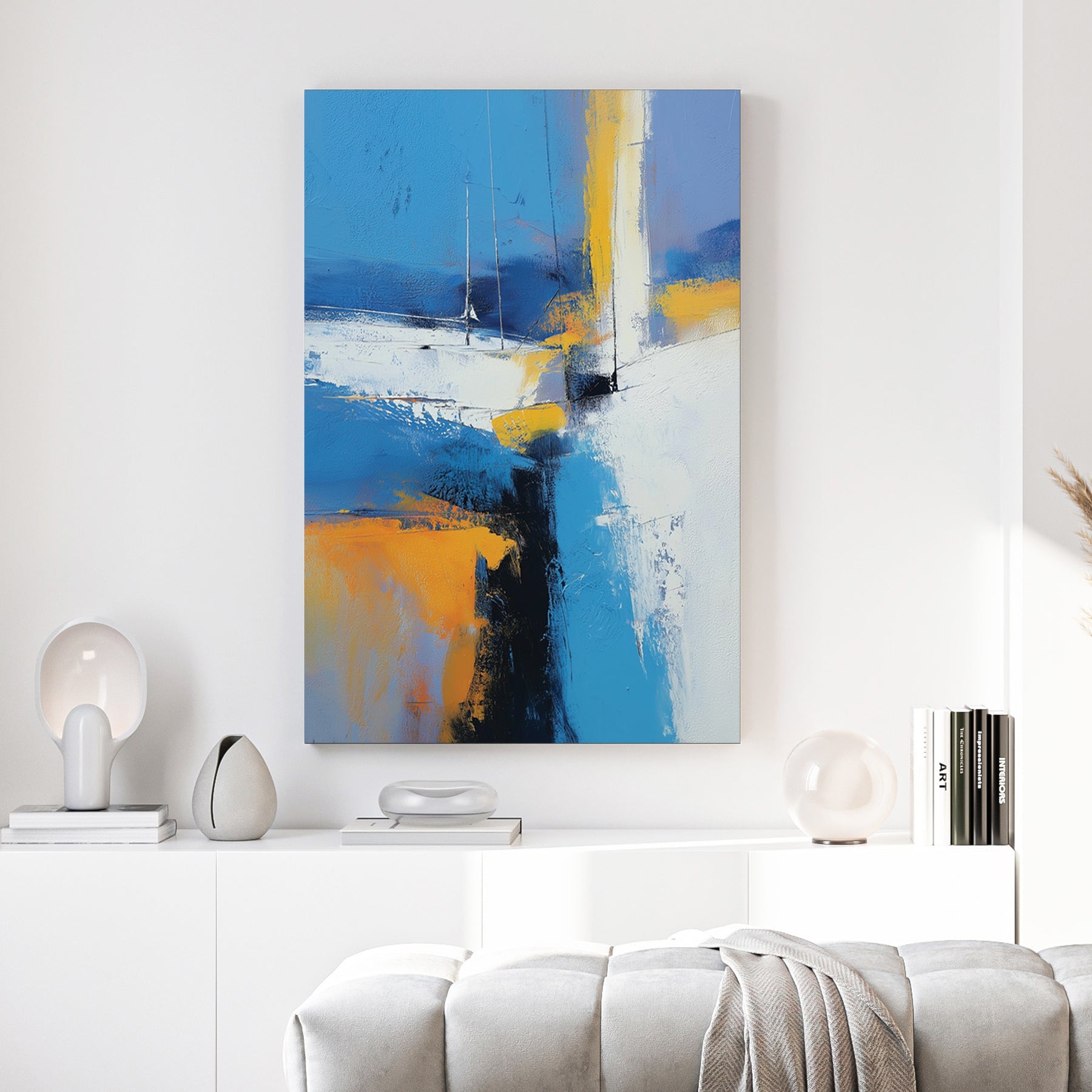 Abstract sailboat landscape with blue, orange, and white geometric forms