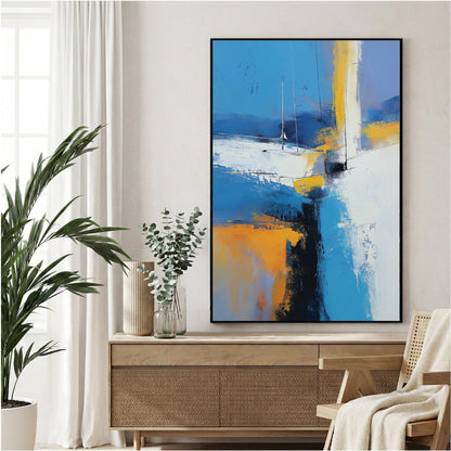 Abstract sailboat landscape with blue, orange, and white geometric forms