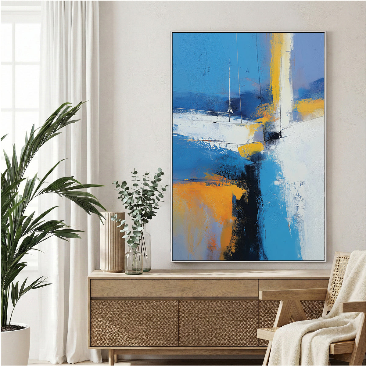 Abstract sailboat landscape with blue, orange, and white geometric forms