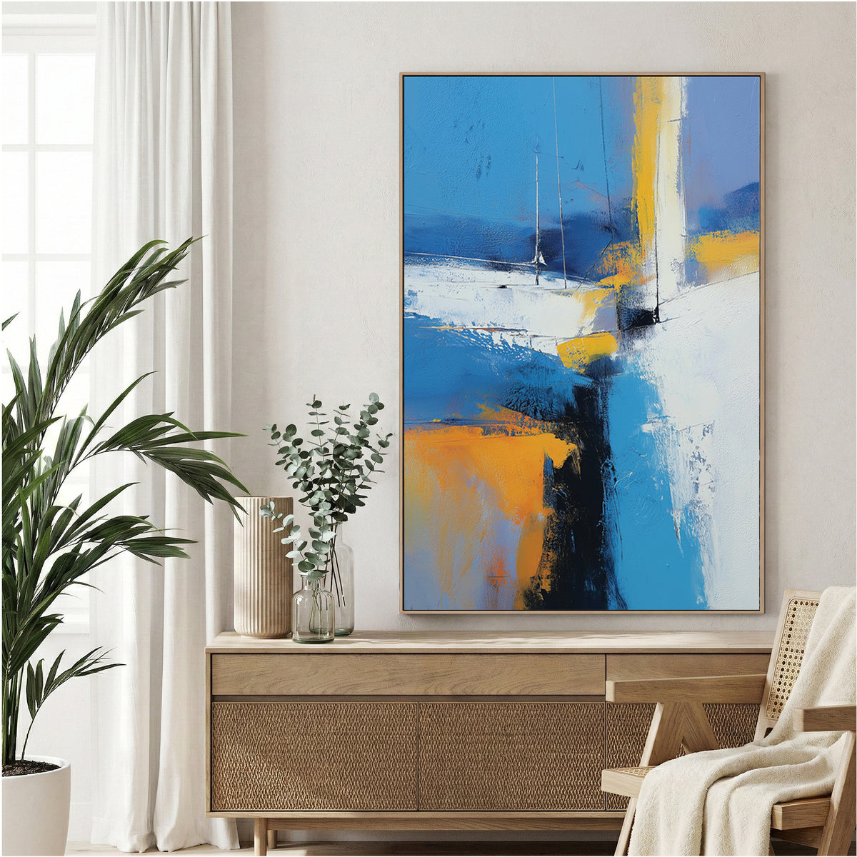 Abstract sailboat landscape with blue, orange, and white geometric forms
