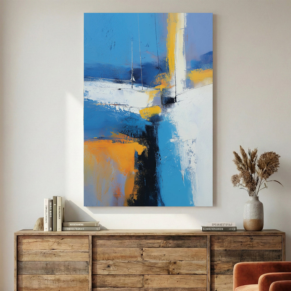 Abstract sailboat landscape with blue, orange, and white geometric forms