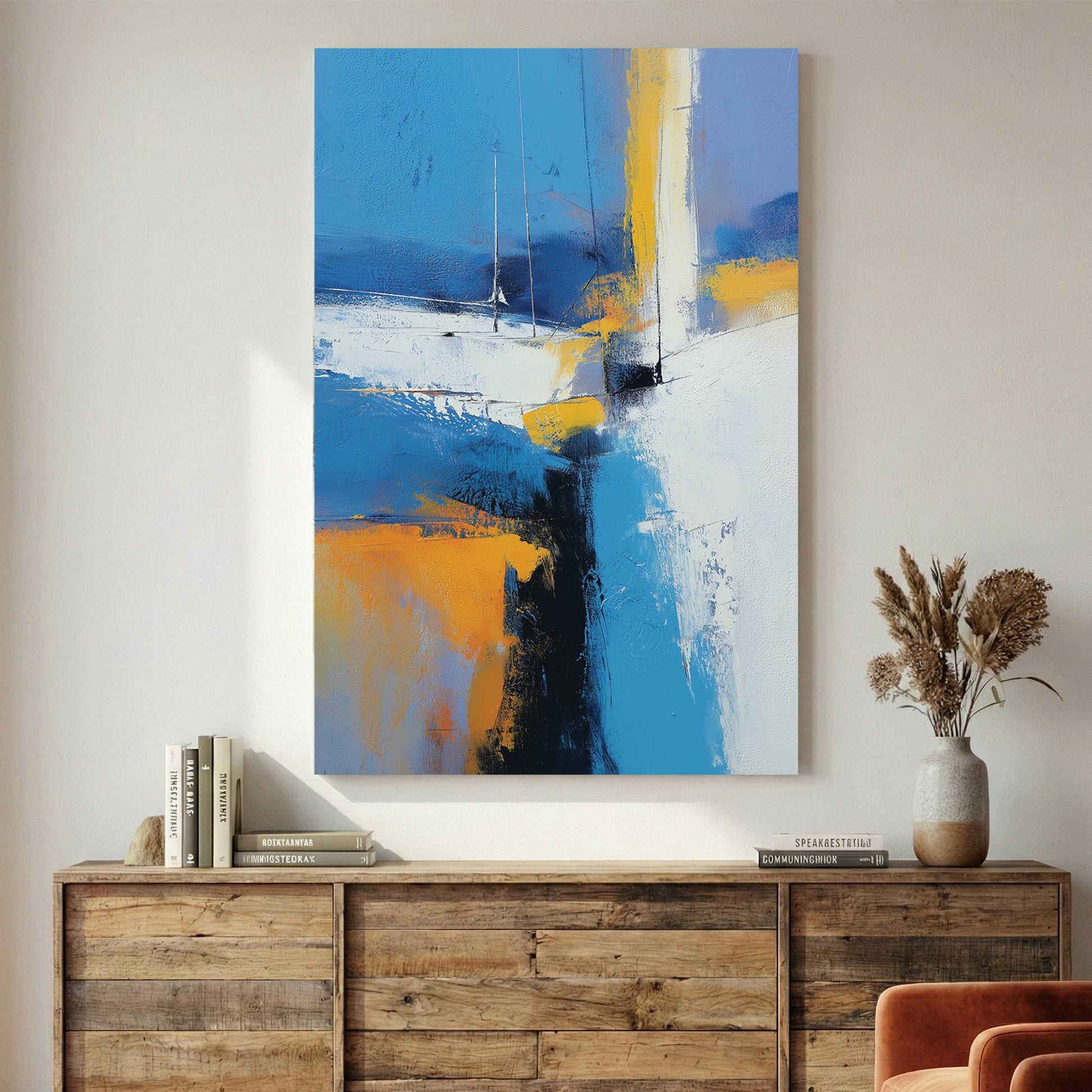 Abstract sailboat landscape with blue, orange, and white geometric forms