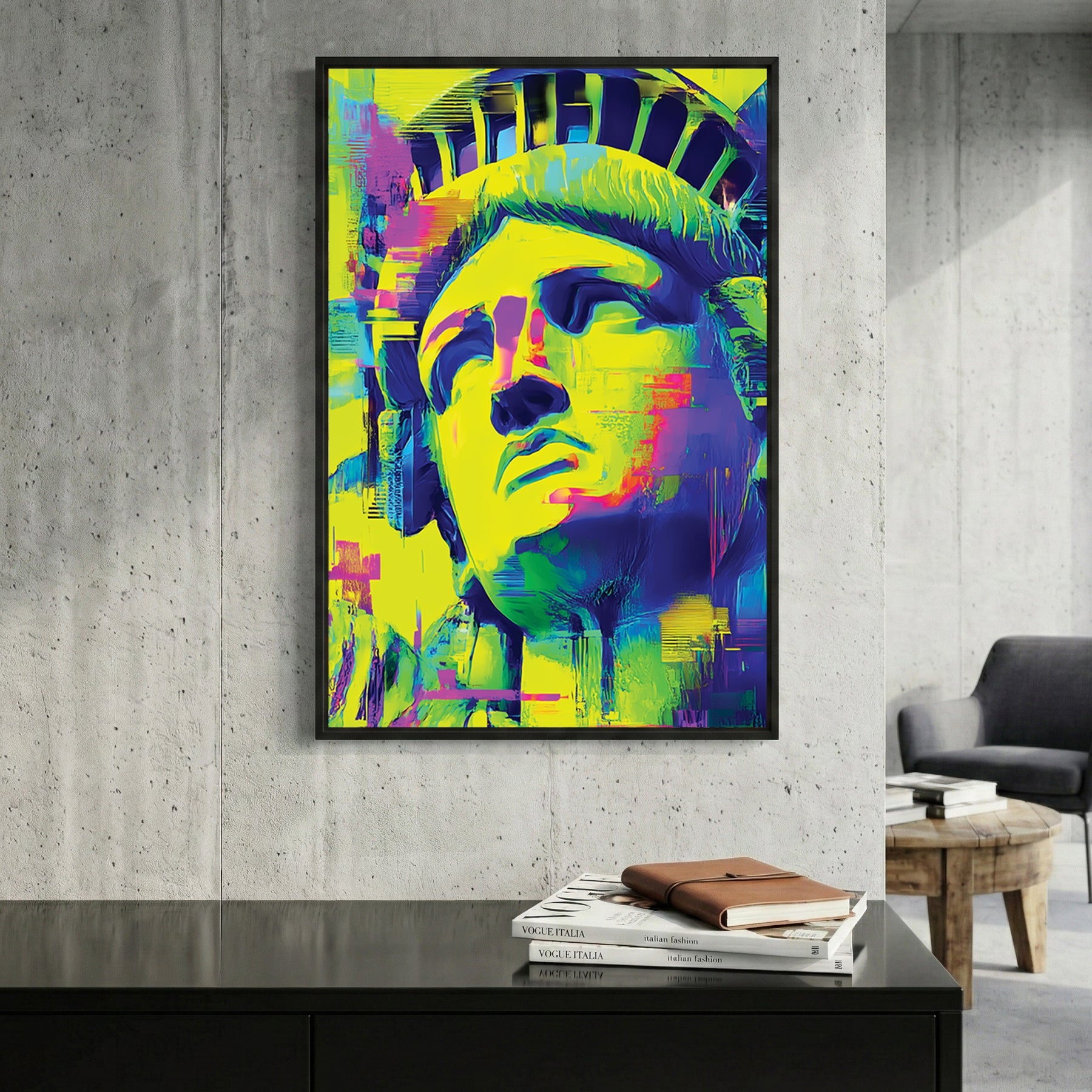 Pop art Statue of Liberty in neon yellow, magenta, and cyan colours