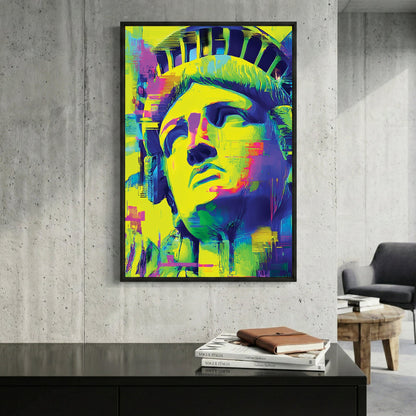 Pop art Statue of Liberty in neon yellow, magenta, and cyan colours