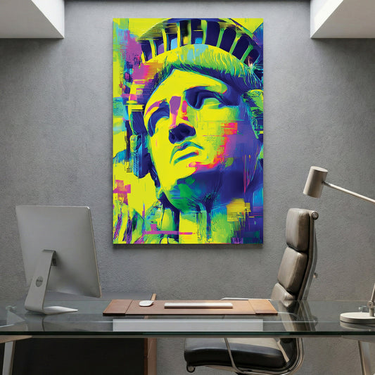 Pop art Statue of Liberty in neon yellow, magenta, and cyan colours