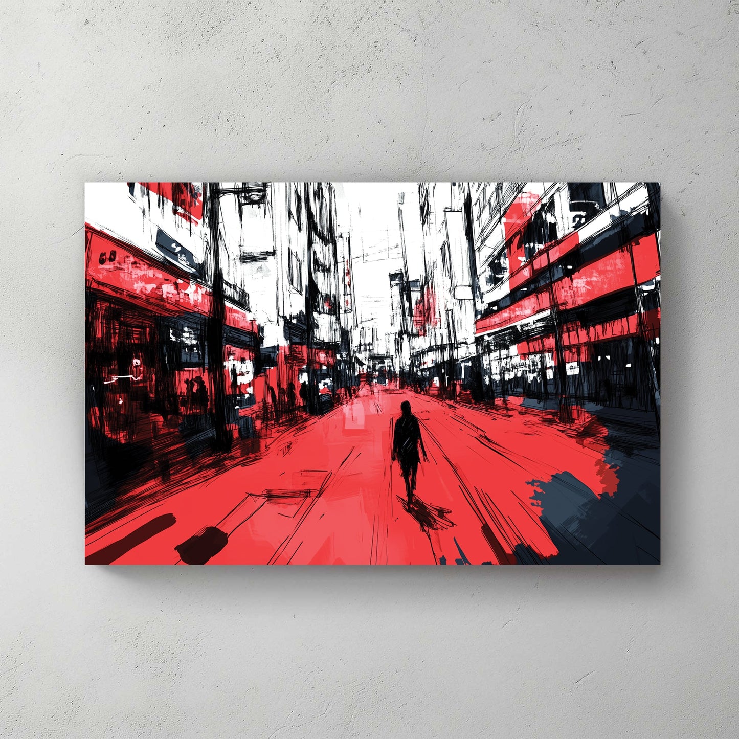 Urban street scene with solitary figure in red and black street art style