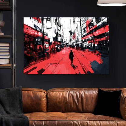 Urban street scene with solitary figure in red and black street art style
