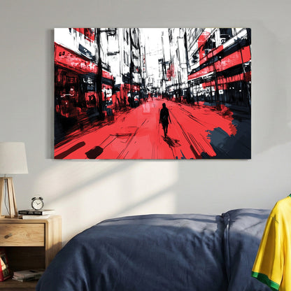 Urban street scene with solitary figure in red and black street art style