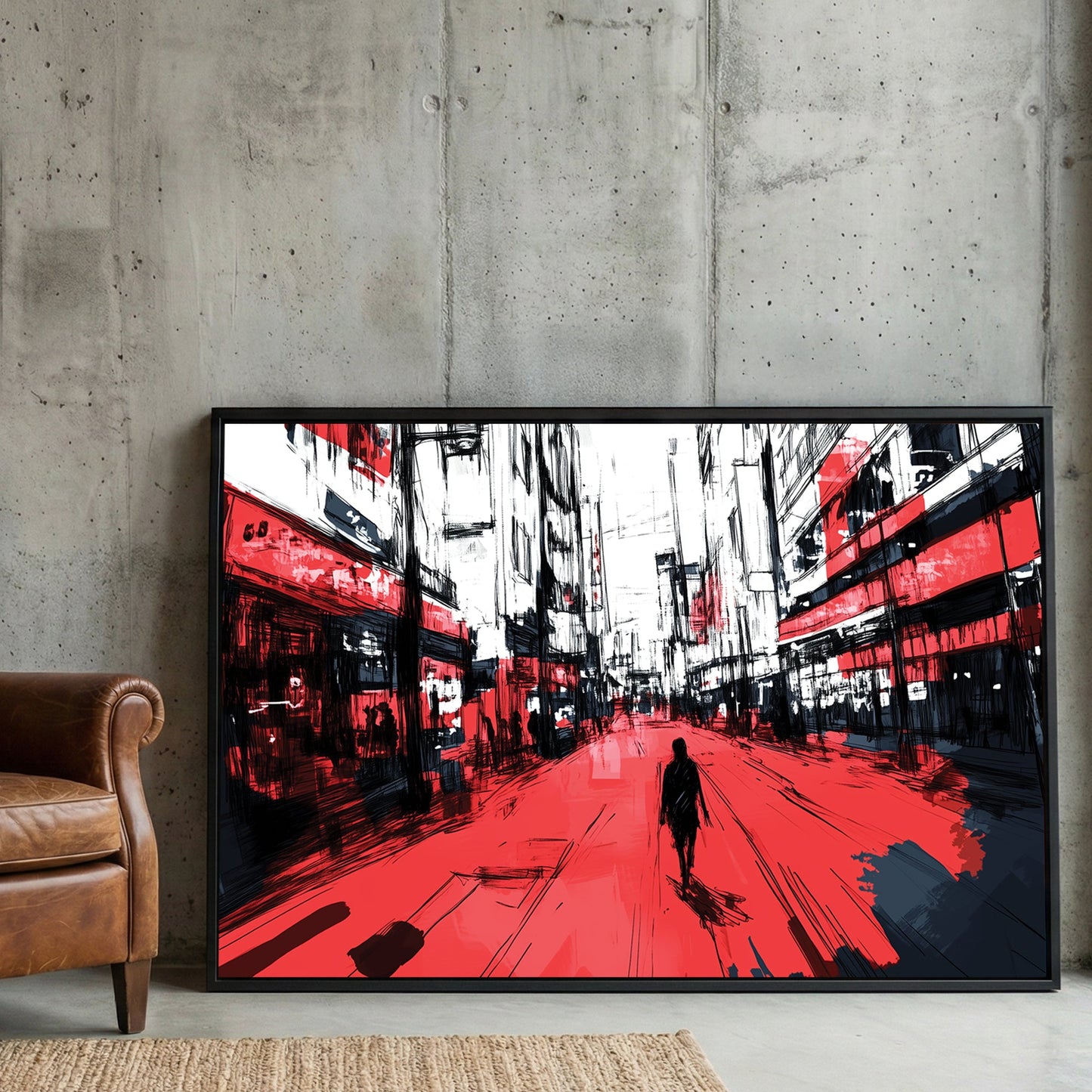 Urban street scene with solitary figure in red and black street art style
