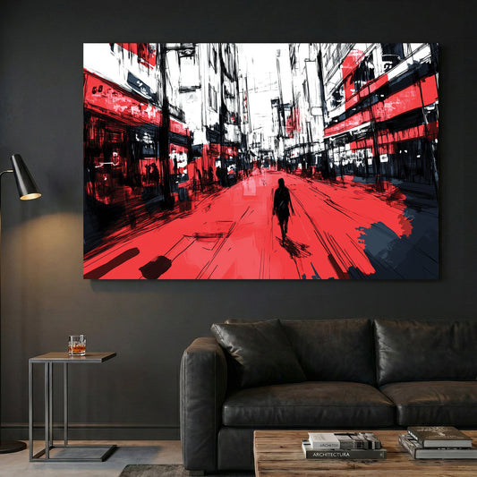 Urban street scene with solitary figure in red and black street art style