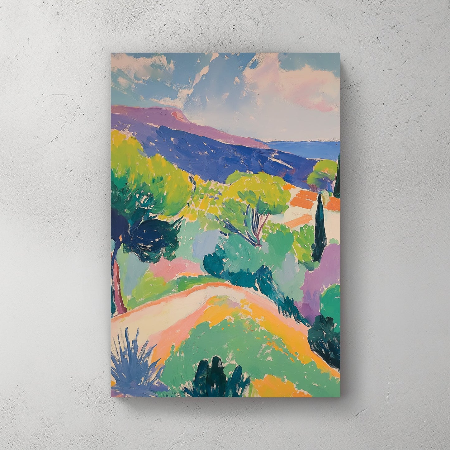 Mediterranean hillside watercolour landscape with green trees and warm earth tones