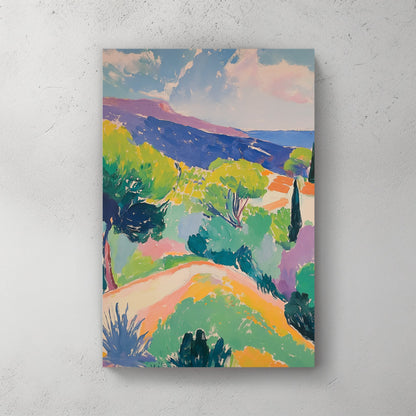 Mediterranean hillside watercolour landscape with green trees and warm earth tones