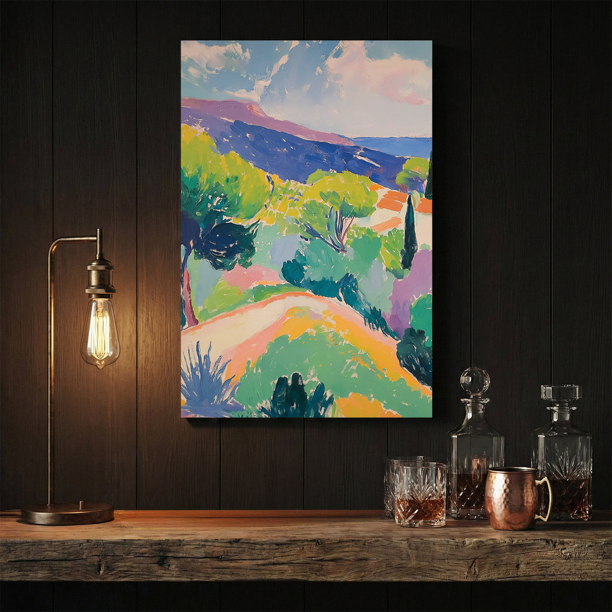 Mediterranean hillside watercolour landscape with green trees and warm earth tones