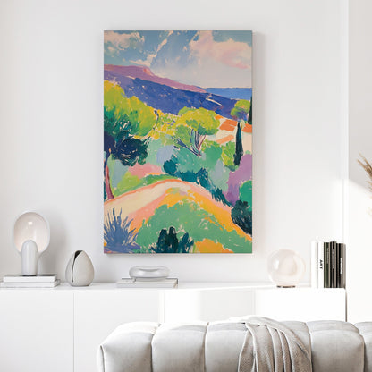 Mediterranean hillside watercolour landscape with green trees and warm earth tones