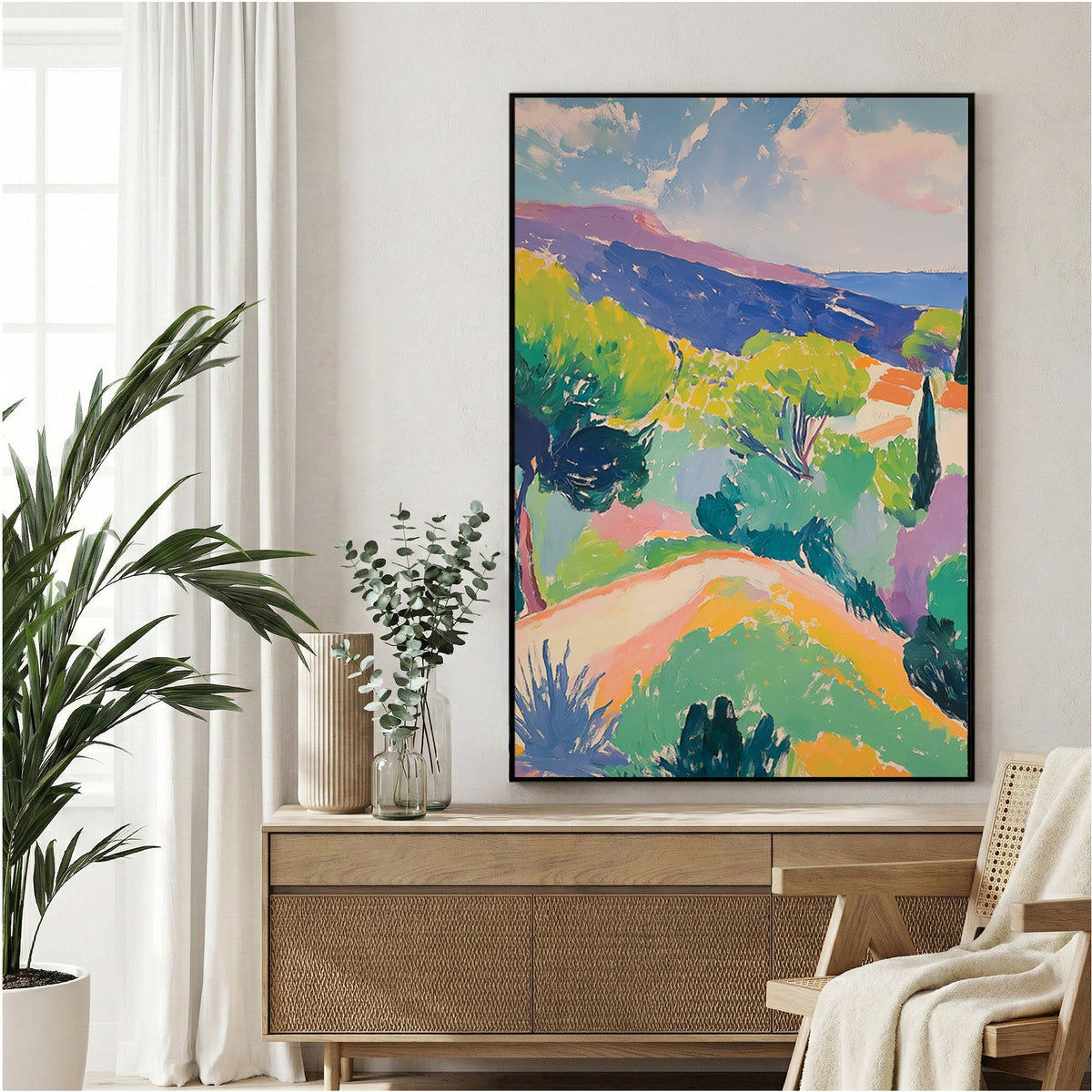 Mediterranean hillside watercolour landscape with green trees and warm earth tones