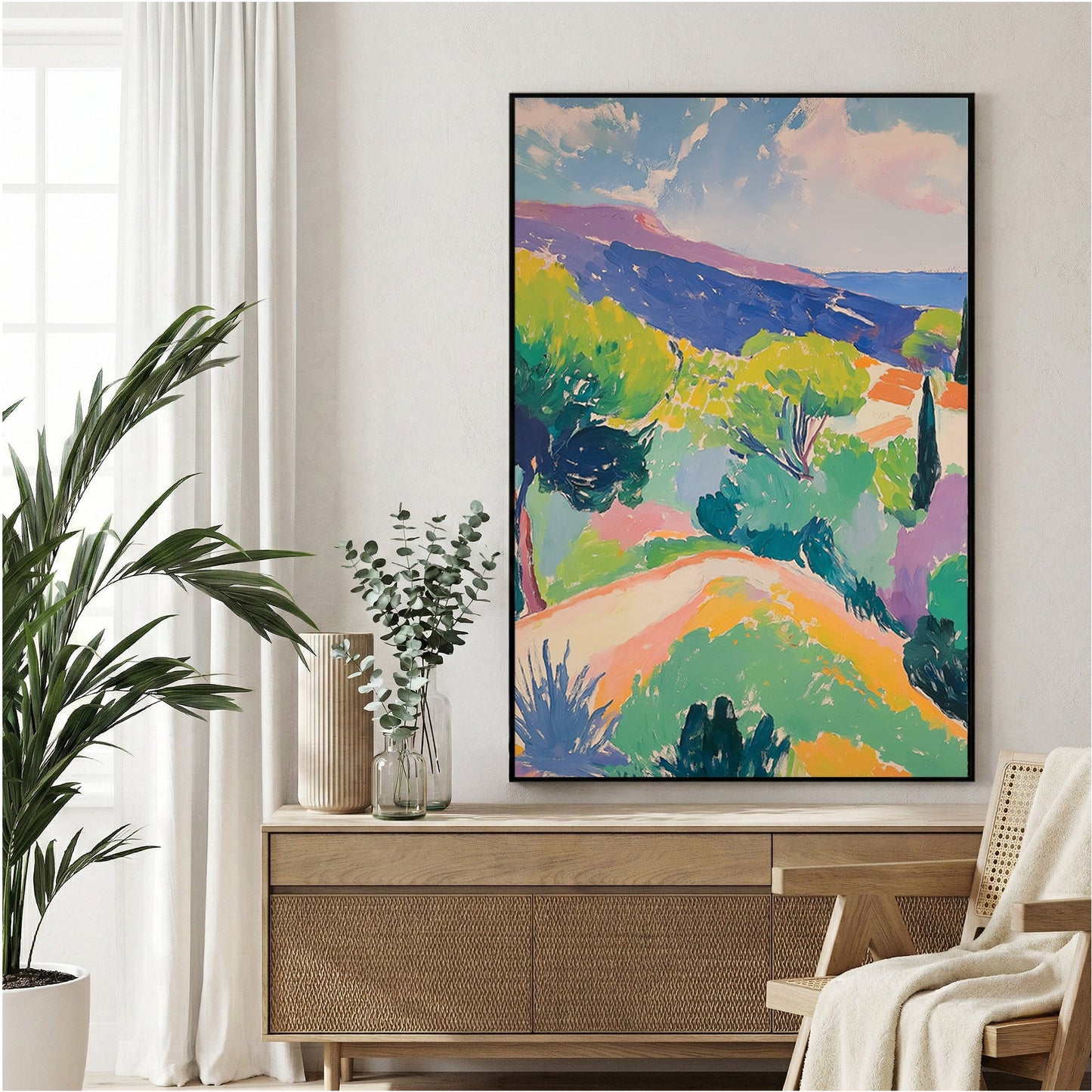 Mediterranean hillside watercolour landscape with green trees and warm earth tones