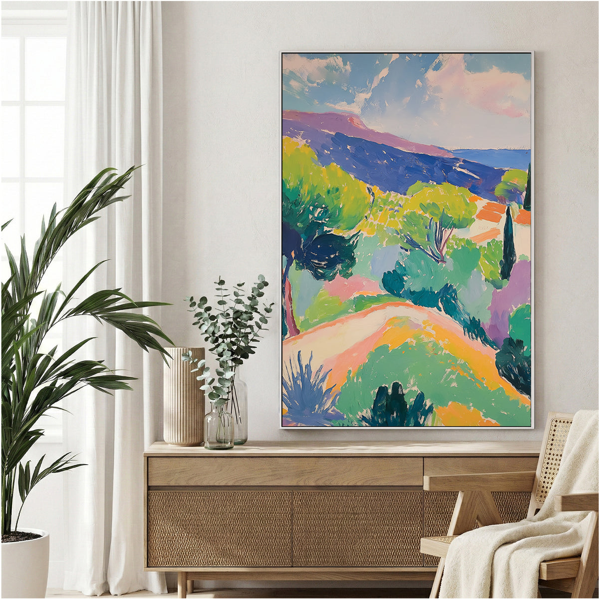 Mediterranean hillside watercolour landscape with green trees and warm earth tones