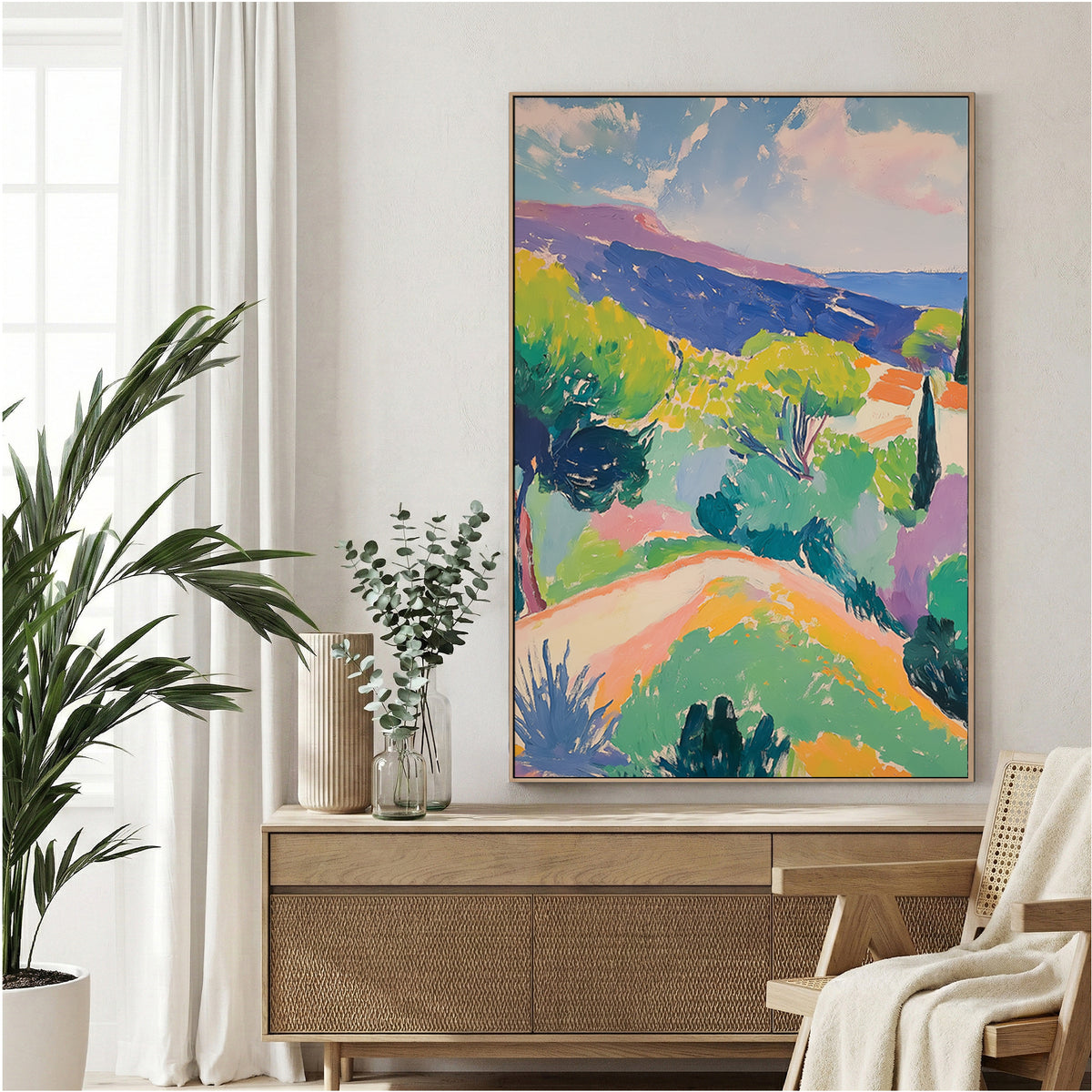 Mediterranean hillside watercolour landscape with green trees and warm earth tones