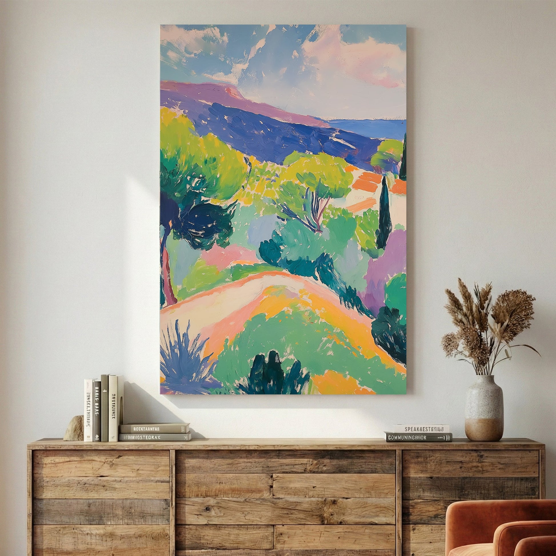 Mediterranean hillside watercolour landscape with green trees and warm earth tones