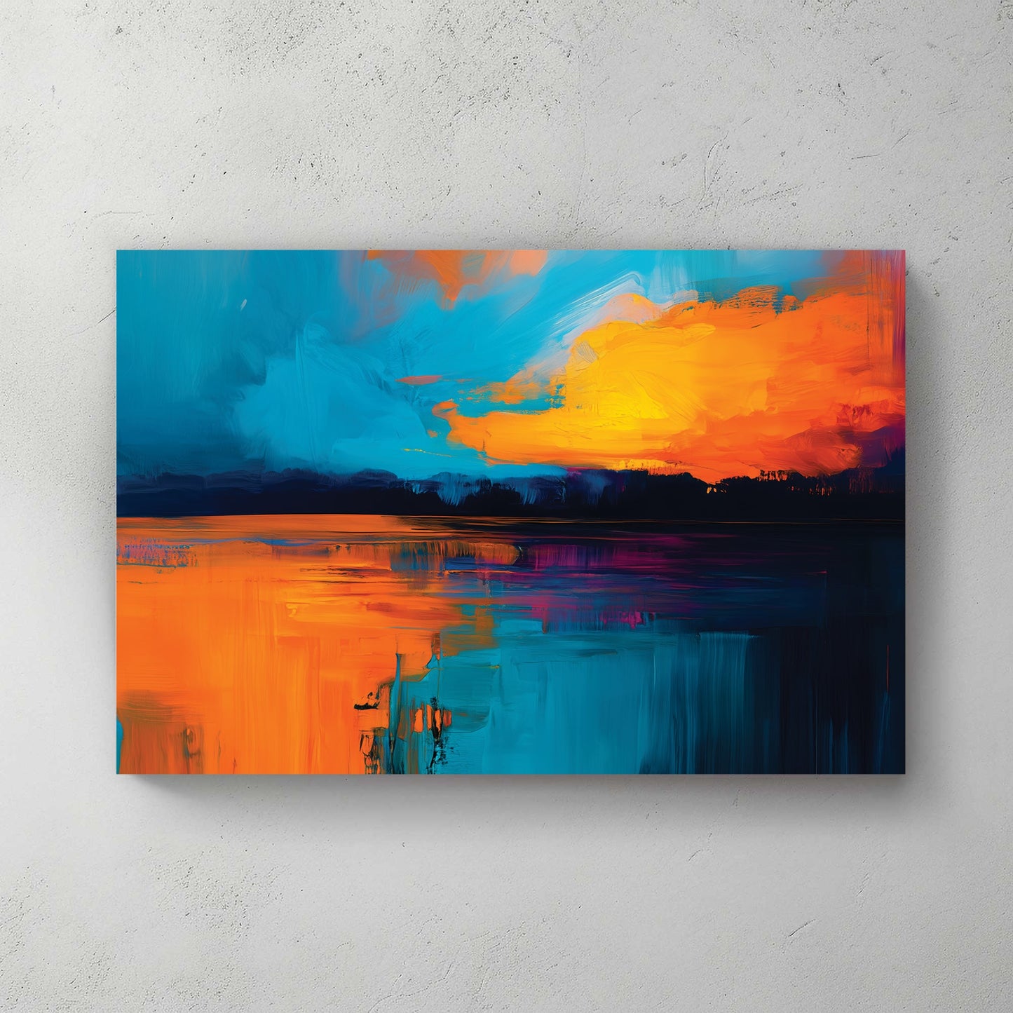 Sunset painting with orange sky and blue water in contemporary style