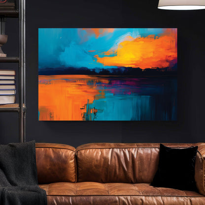 Sunset painting with orange sky and blue water in contemporary style