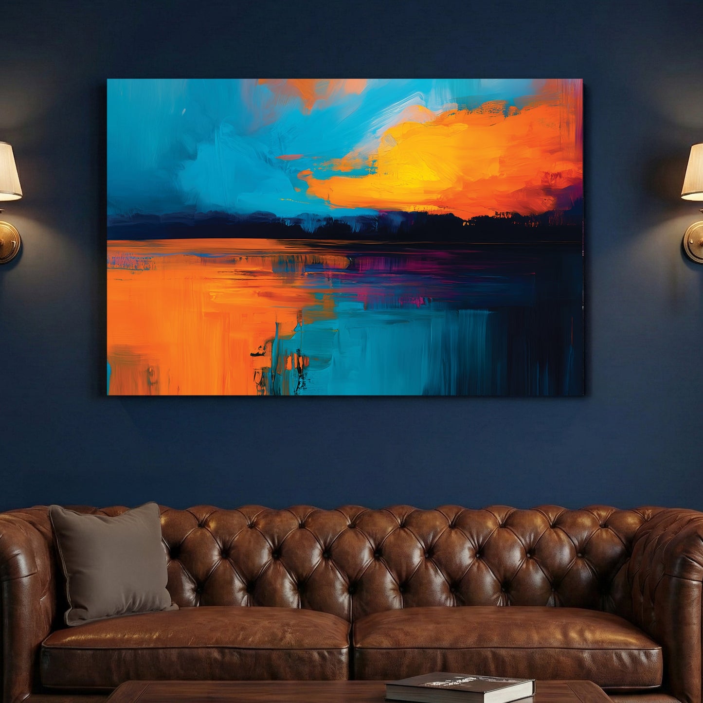 Sunset painting with orange sky and blue water in contemporary style