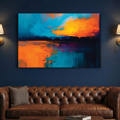 Sunset painting with orange sky and blue water in contemporary style