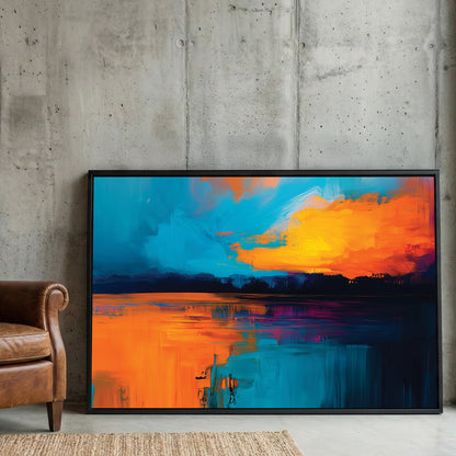 Sunset painting with orange sky and blue water in contemporary style