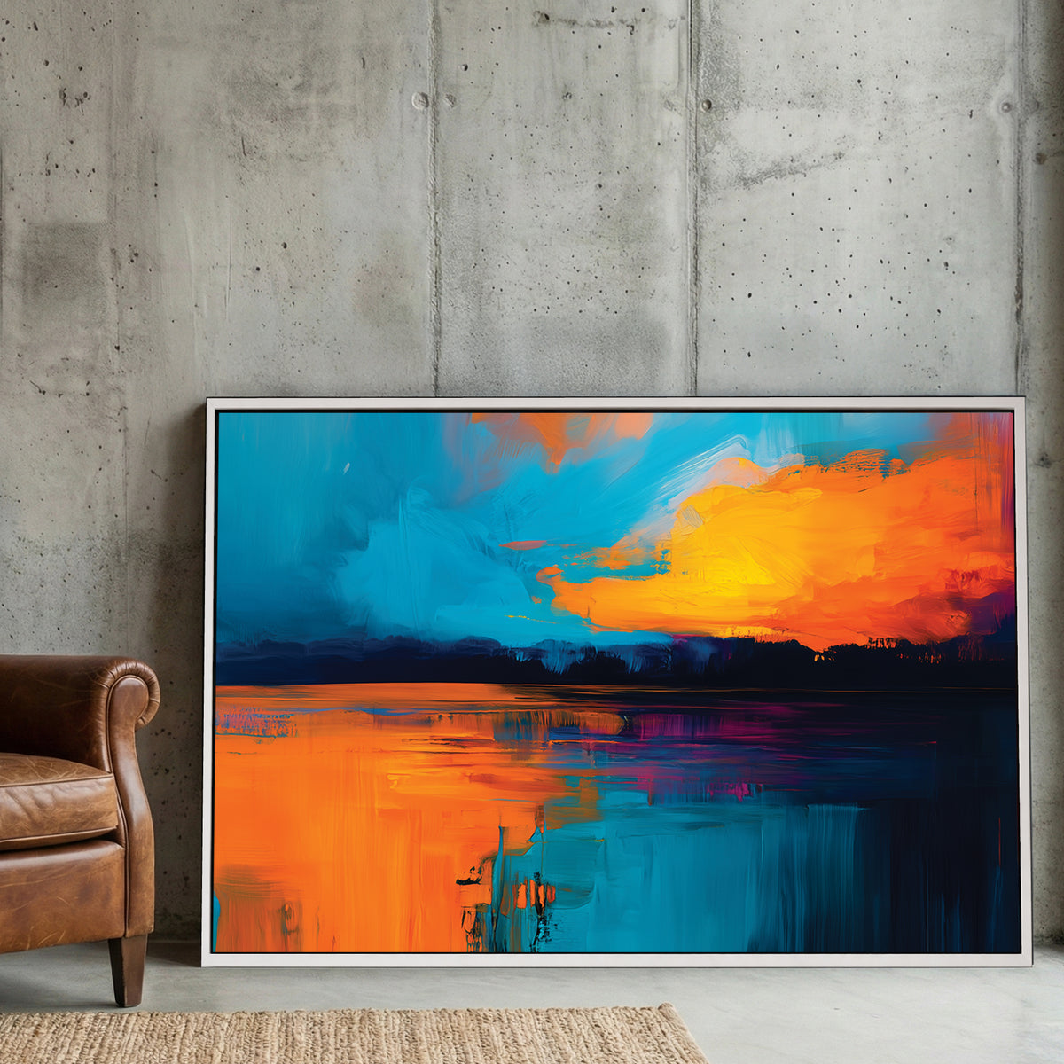 Sunset painting with orange sky and blue water in contemporary style