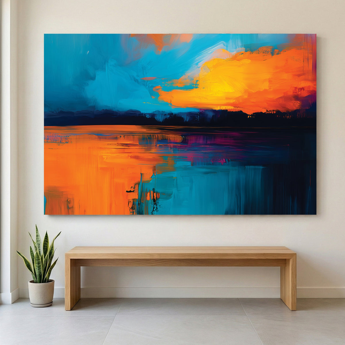 Sunset painting with orange sky and blue water in contemporary style